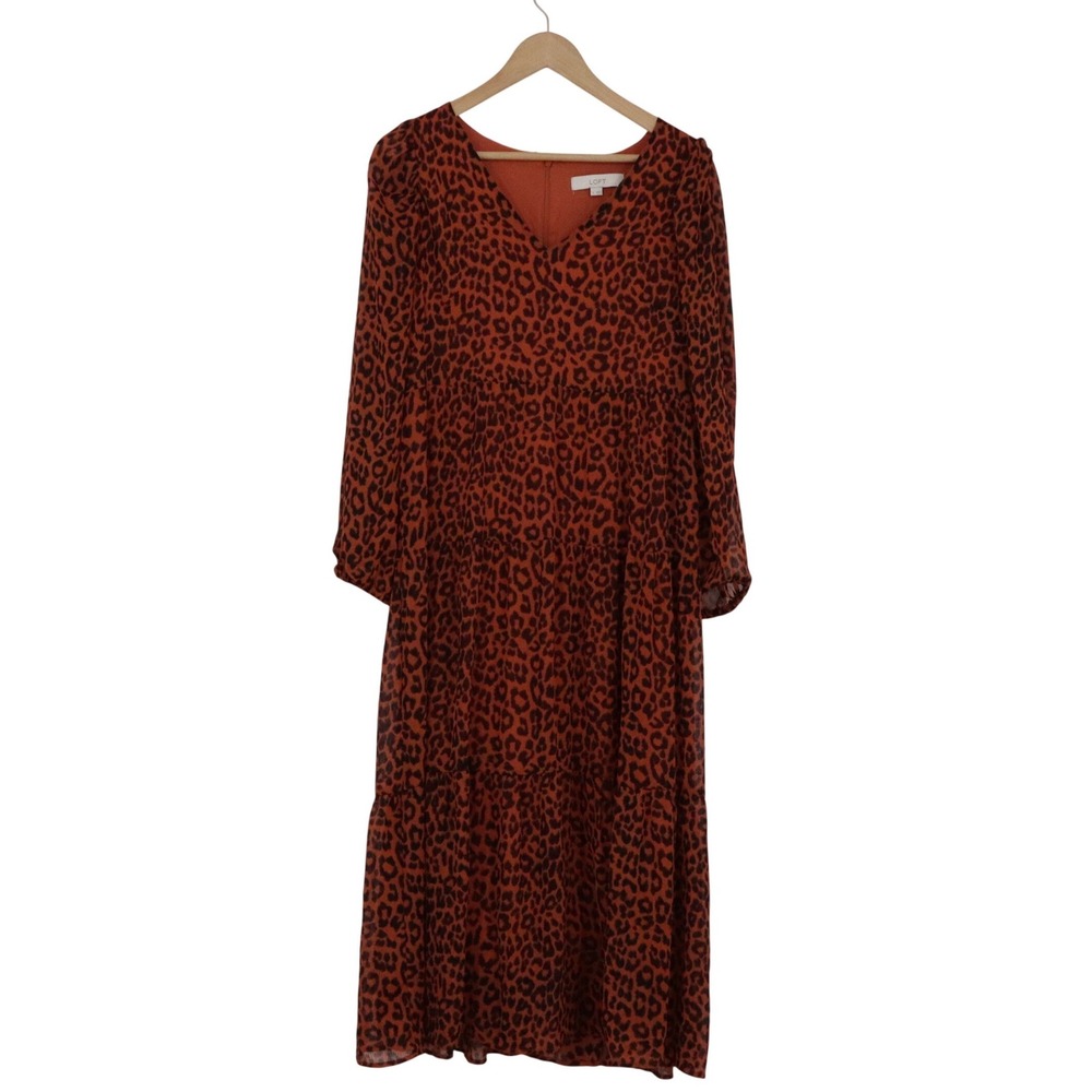 Loft Womens Rust Orange Leopard Print Tiered V-Neck Midi Dress Size 8